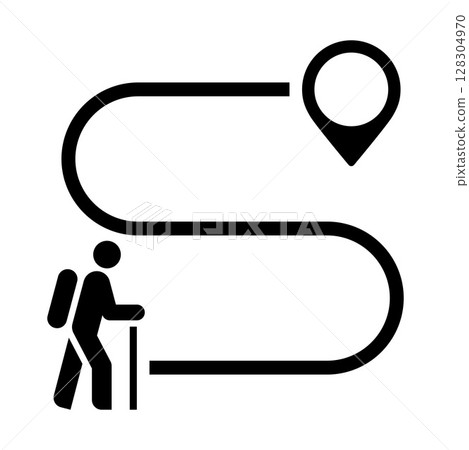 Hiking route sign. Hiking trail symbol. Way with point to point. Map with trekking route. Hiker and pin. Hiking route sign. Hiking trail symbol. Way with point to point. Map with trekking route. Hiker and pin. 128304970