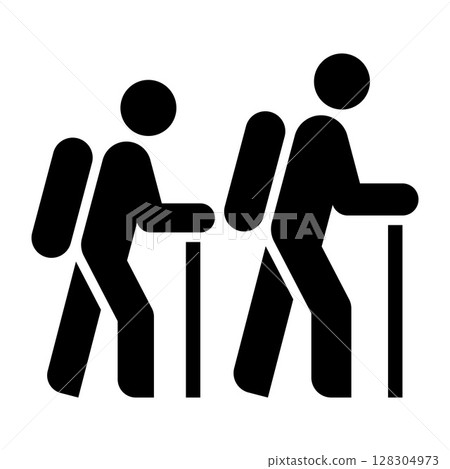 Hiking sign, pilgrim, tourist icon, hiking trail, trekking route symbol. Hiking sign, pilgrim, tourist icon, hiking trail, trekking route symbol. 128304973