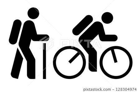 Hiking and biking symbols. Tourist and cyclist icon set. Pilgrim, tourist, hiking trail, trekking route, cycling route, bike trail, bicycle road signs. Hiking and biking symbols. Tourist and cyclist icon set. Pilgrim, tourist, hiking trail, trekking route, cycling route, bike trail, bicycle road signs. 128304974