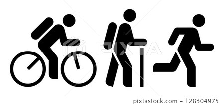Hiking, jogging and biking symbols. Tourist, runner and cyclist icon set. Pilgrim, athlete, tourist signs. 128304975