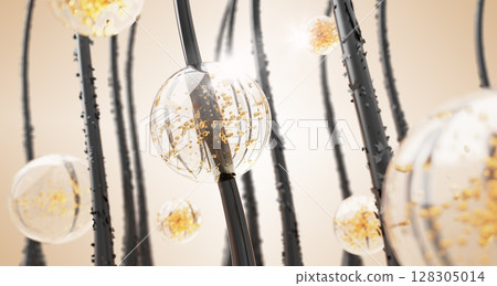 3d hair care macro background with gold liquid drops. Curls with oil vitamin bubbles, shampoo, serum or collagen mask. Treatment and repair damaged hair. Cosmetic product advertising. 3D illustration 3d hair care macro background with gold liquid drops. Curls with oil vitamin bubbles, shampoo, serum or collagen mask. Treatment and repair damaged hair. Cosmetic product advertising. 3D illustration 128305014