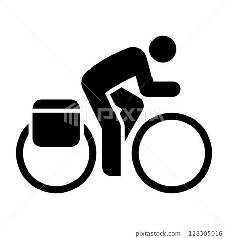 Cyclist with saddlebags icon. Biking symbol. Cycling route, bike trail, bicycle road sign. Cyclist with saddlebags icon. Biking symbol. Cycling route, bike trail, bicycle road sign. 128305016