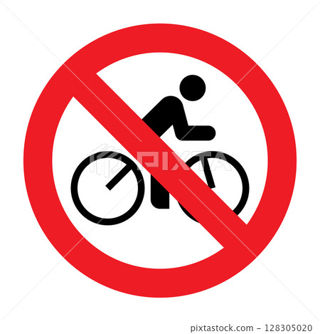 Red prohibition sign with cyclist icon, indicating no cycling allowed in designated area. Red prohibition sign with cyclist icon, indicating no cycling allowed in designated area. 128305020