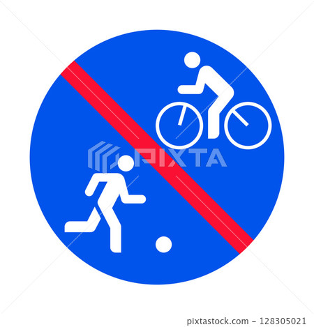 No playing football and bicycle ride area. Cycling and play is not allowed zone road sign. No playing football and bicycle ride area. Cycling and play is not allowed zone road sign. 128305021