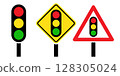 Traffic signal light road sign set. Traffic light, traffic lights ahead and red triangle warning road sign with traffic light. 128305024