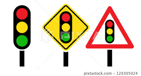 Traffic signal light road sign set. Traffic light, traffic lights ahead and red triangle warning road sign with traffic light. 128305024