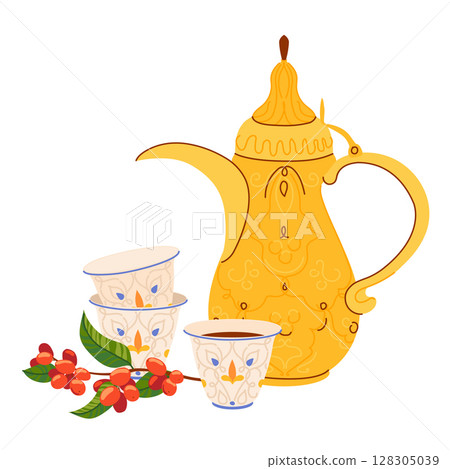 Traditional Arabic coffee pot Dallah, coffee branch and cups with ornament. Symbol of Middle Eastern hospitality. Antique copper pot common in Yemen, Oman, Qatar. Vector illustration in flat style. Traditional Arabic coffee pot Dallah, coffee branch and cups with ornament. Symbol of Middle Eastern hospitality. Antique copper pot common in Yemen, Oman, Qatar. Vector illustration in flat style. 128305039