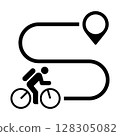 Bicycle trail sign. Way with point to point. Map with cyclist route. Bike and pin. 128305082