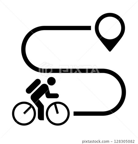 Bicycle trail sign. Way with point to point. Map with cyclist route. Bike and pin. Bicycle trail sign. Way with point to point. Map with cyclist route. Bike and pin. 128305082