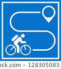 Bicycle trail sign. Way with point to point. Map with cyclist route. Bike and pin. 128305083