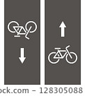 Two way bicycle road markings, city street symbols. Bike lane direction sign, bike area icon, bicycle zone symbol, road marking. 128305088