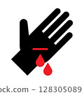 Bleeding cut hand with drops of blood icon. Cut on hand sign. 128305089