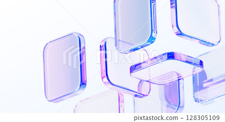 Pastel light 3d background with glass holographic transparent square plate shapes render. Abstract geometric block pattern with rainbow color gradient. Futuristic digital tech banner. 3D illustration 128305109