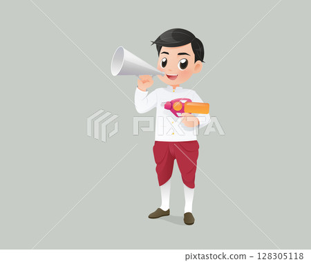 Songkran festival. Cartoon Thai boy in traditional costume holding water gun and megaphone. Songkran festival. Cartoon Thai boy in traditional costume holding water gun and megaphone. 128305118