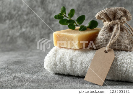 spa composition with natural soap and an empty tag on a grey background 128305181