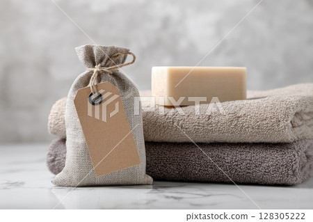 spa composition with natural soap and an empty tag on a grey background 128305222