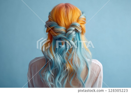 Woman with pastel purple and orange hair 128305223
