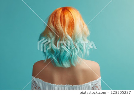 Woman with pastel purple and orange hair Woman with pastel purple and orange hair 128305227
