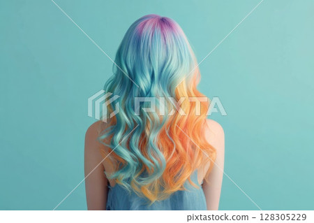 Woman with pastel purple and orange hair Woman with pastel purple and orange hair 128305229