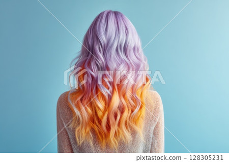 Woman with pastel purple and orange hair Woman with pastel purple and orange hair 128305231