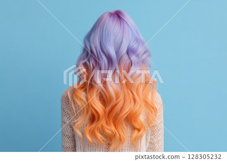 Woman with pastel purple and orange hair 128305232