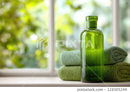 spa concept with natural soap and body lotion bottles on a soft pastel green towel. 128305249