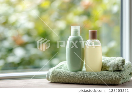 spa concept with natural soap and body lotion bottles on a soft pastel green towel. 128305251
