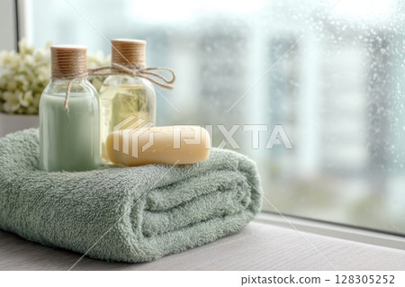 spa concept with natural soap and body lotion bottles on a soft pastel green towel. spa concept with natural soap and body lotion bottles on a soft pastel green towel. 128305252