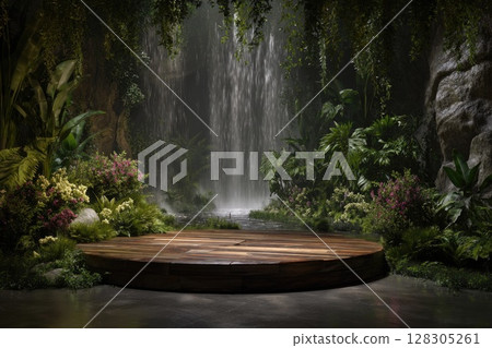 A tropical rainforest with waterfalls and greenery stage background 128305261
