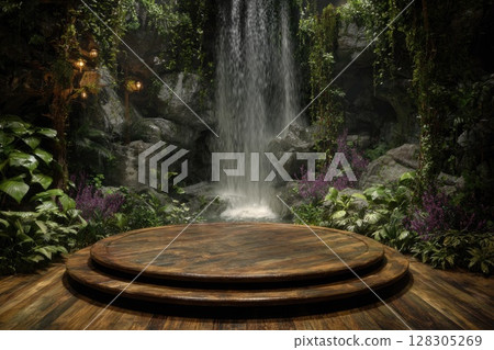 A tropical rainforest with waterfalls and greenery stage background 128305269