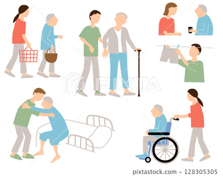 Illustration set of male and female home helpers caring for elderly people Illustration set of male and female home helpers caring for elderly people 128305305