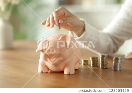 Woman hand putting coins to piggy bank Woman hand putting coins to piggy bank 128305339