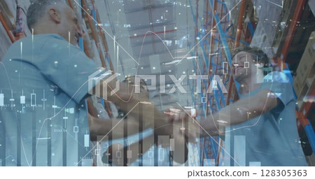 Image of statistics financial data processing over people stacking hands in warehouse Image of statistics financial data processing over people stacking hands in warehouse 128305363