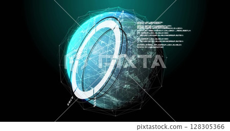 Image of digital globe with futuristic data and geometric shapes surrounding it 128305366