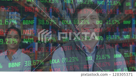 Image of financial data processing over man and woman working in warehouse 128305371