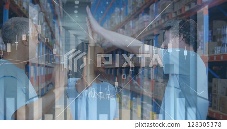 Image of statistics and financial data processing over people high fiving in warehouse Image of statistics and financial data processing over people high fiving in warehouse 128305378