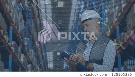 Image of statistics and financial data processing over man working in warehouse Image of statistics and financial data processing over man working in warehouse 128305386