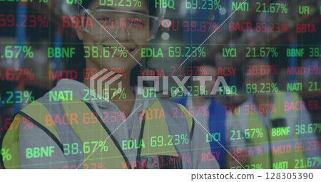 Image of statistics and financial data processing over woman working in warehouse Image of statistics and financial data processing over woman working in warehouse 128305390