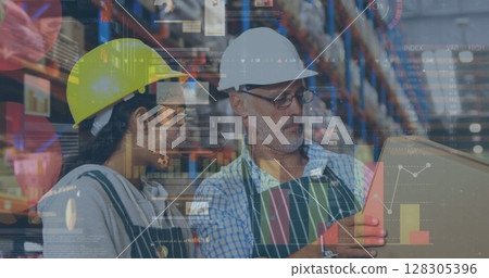 Image of statistics and financial data processing over man and woman working in warehouse Image of statistics and financial data processing over man and woman working in warehouse 128305396