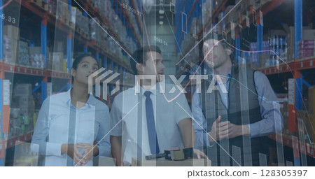 Image of statistics and financial data processing over men and woman working in warehouse Image of statistics and financial data processing over men and woman working in warehouse 128305397