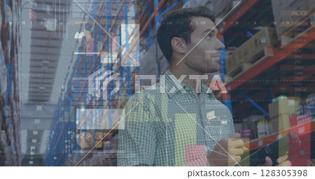 Image of statistics and financial data processing over man working in warehouse Image of statistics and financial data processing over man working in warehouse 128305398