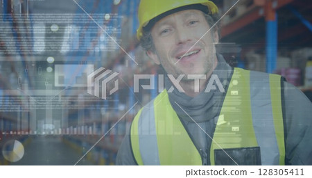 Image of statistics and financial data processing over man working in warehouse Image of statistics and financial data processing over man working in warehouse 128305411