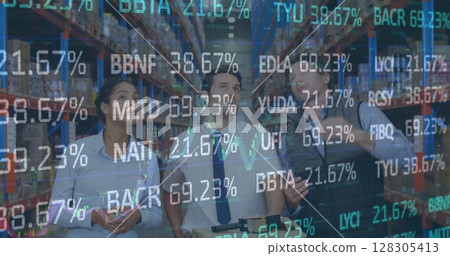Image of financial data processing over men and woman working in warehouse 128305413