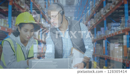 Image of statistics and financial data processing over man and woman working in warehouse 128305414