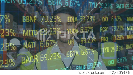 Image of financial data processing over man working in warehouse 128305426
