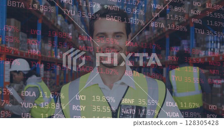 Image of financial data processing over man working in warehouse Image of financial data processing over man working in warehouse 128305428
