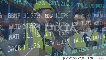 Image of financial data processing over men working in warehouse 128305432