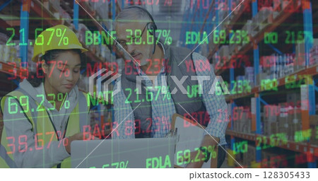 Image of financial data processing over man and woman working in warehouse 128305433