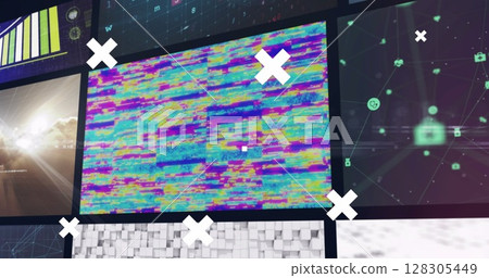 Image of white crosses over multiple screens of technology, business and leisure image clips 128305449