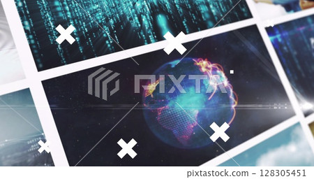 Image of white crosses over multiple screens of technology, business and leisure image clips 128305451
